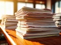 Large stack of paper, likely pile of documents or files, sits on top of an office desk. The papers are arranged in such Royalty Free Stock Photo