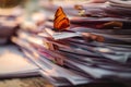 Large stack of papers on the desk, paperwork left undone, spring, butterflies Royalty Free Stock Photo