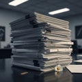 Large Stack of Papers Secured with Rubber Bands and Binder Clips on a Desk with a Daisy documents Royalty Free Stock Photo
