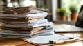 A large stack of papers sits on a desk with a laptop and clipboard. The papers are piled high and represent a lot of work Royalty Free Stock Photo