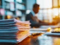 Large stack of paperwork on office desk with business professional working in background during golden hour sunlight Royalty Free Stock Photo