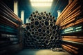 Large stack of pipes sitting in warehouse next to pile of pallets. Generative AI