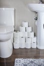 Large stack of toilet paper rolls in a bathroom. Ready for an emergency Royalty Free Stock Photo