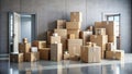 A large stack of various-sized cardboard boxes sits in a room with open doorways, ready for relocation or storage. Generative AI Royalty Free Stock Photo