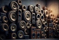 A large stack of vintage music audio speakers. Generative ai