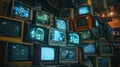 A large stack of vintage TV showing different programmes Royalty Free Stock Photo