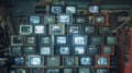 A large stack of vintage TV showing different programmes Royalty Free Stock Photo