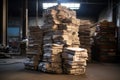 large stacks of newspapers in a warehouse ready for distribution Royalty Free Stock Photo