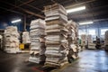 large stacks of newspapers in a warehouse ready for distribution Royalty Free Stock Photo