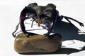 A large stag beetle with long purple horns, sits on a pebble. Macro Royalty Free Stock Photo