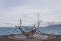 Large stainless-steel Viking boat sculpture Sun Voyager in the harbor at Reykjavik, Iceland