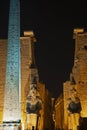 Statue and obelisk at entrance to Luxor Temple during night Royalty Free Stock Photo