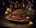 Steak on a wooden cutting board Beautifully arranged on the table in the restaurant