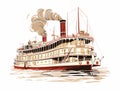 Large steamboat retro in hand-drawn style