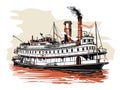 Large steamboat retro in hand-drawn style