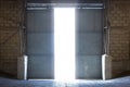 Large steel door inside an old warehouse opens into an external light.