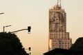 Large steel image of Eva Peron (Evita) giving a passionate speech