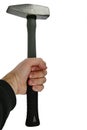 Large steel locksmith hammer held in left hand, white background.