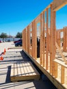 Large step stood of timber framing wooden mobile home, studs beams posts, Church ministry project under construction residential Royalty Free Stock Photo