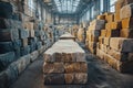 Large stone blocks stacked high inside warehouse, showcasing industrial material storage and strength Royalty Free Stock Photo
