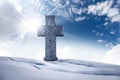 Large Stone Christian Cross in a Mountain Landscape with Snow Royalty Free Stock Photo