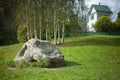 Large stone on the lawn. The boulder lies on the green grass in the yard. Royalty Free Stock Photo