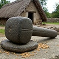 Large stone tool resembling a mallet or pestle, placed on a flat stone surface with scattered grains Royalty Free Stock Photo