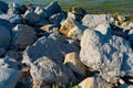 Stones on beach. inconvenient entrance to water