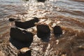 A large stones lie in water after a storm in the rays of the evening sun in summer