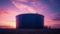 A large storage tank looming over a barren landscape its cylindrical shape outlined against a glowing pink sky