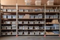 large storage unit filled with boxes, crates, and bins Royalty Free Stock Photo