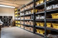 large storage unit filled with boxes, crates, and bins Royalty Free Stock Photo