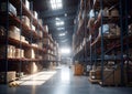 Large storage warehouse with forklift and tall shelves racks.Wide view.AI Generative Royalty Free Stock Photo