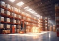 Large storage warehouse with forklift and tall shelves racks.Wide view.AI Generative