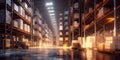 Large storage warehouse with forklift and tall shelves racks.Wide view.AI Generative