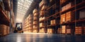 Large storage warehouse with forklift and tall shelves racks.Wide view.AI Generative Royalty Free Stock Photo