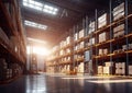 Large storage warehouse with forklift and tall shelves racks.Wide view.AI Generative Royalty Free Stock Photo