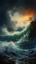 large storm waves crash against the rocks at sunset, banner, poster, vertical Royalty Free Stock Photo