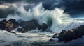 large storm waves crashing against the rocks, cloudy sky, banner, poster, Royalty Free Stock Photo