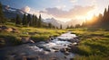 Golden Hour Wilderness Landscape: Stream Flowing Down In Mountain Landscape Royalty Free Stock Photo