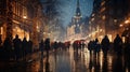 Large street in old north european style with crowd under rain with many luminous Christmas decorations along shops