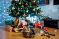 Large striped cat sleeps on the floor under a decorated Christmas tree
