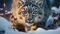 Large striped tiger walking in snow covered forest, staring at camera generated by AI Royalty Free Stock Photo