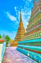 The big stupas of Phra Maha Chedi shrine, Wat Pho, Bangkok, Thailand