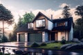 Large suburban house with lighted windows in forest created using generative ai technology