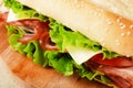 Large subway baguette sandwich cut in half filled Royalty Free Stock Photo