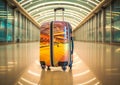 Large suitcase standing on the floor in modern airport terminal. Travel and summer vacation concept. Royalty Free Stock Photo