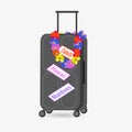 Large suitcase for travel on white background. Colored wreath, beads from orchid flowers. Vector illustration for design of social