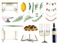 Large Sukkot collection of symbols, sukkah, tallit, waving the Lulav, Torah scroll and book, menorah Royalty Free Stock Photo