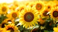 A large sunflower field with many yellow flowers in the background, AI Royalty Free Stock Photo